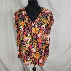 JONES & CO Size 1X Colorful 100%‎ Rayon Floral Pleated V-neck Flutter Slv Blouse